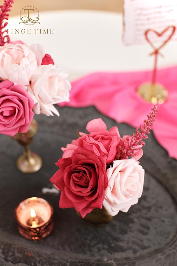 TINGE TIME Artificial Flowers Deep Hot Pink Flower Combo for DIY Wedding Bouquets Table Centerpieces Arrangements Party Baby Shower Home Decoration Valentine's Day