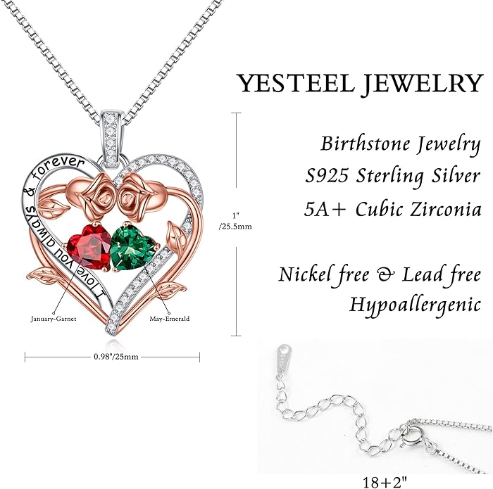 Iefil Rose Heart Double Birthstone Necklace Gifts for Wife Her Mom Women, Birthstone Jewelry Gemstone Birthday Gifts for Girlfriend Grandma Her Wife Women
