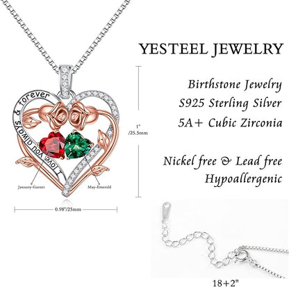 Iefil Rose Heart Double Birthstone Necklace Gifts for Wife Her Mom Women, Birthstone Jewelry Gemstone Birthday Gifts for Girlfriend Grandma Her Wife Women