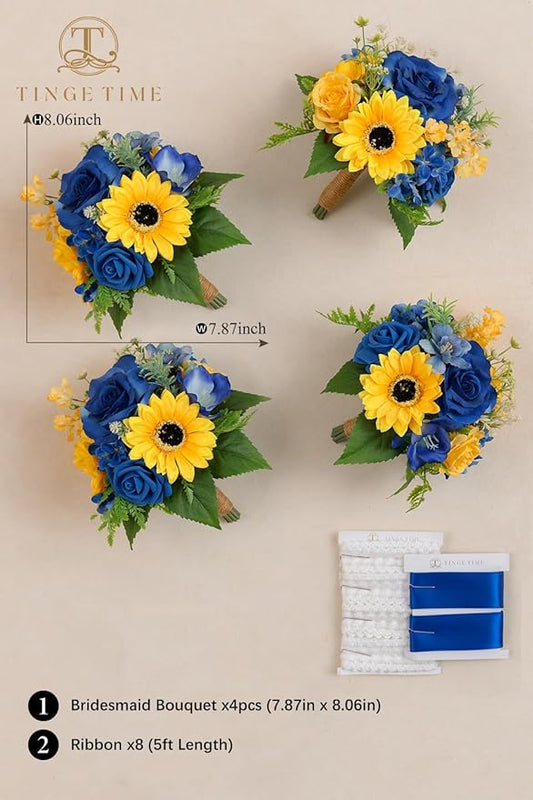 TINGE TIME Bridesmaid Bouquets for Wedding Set of 4 Sunflower & Royal Blue 7 Inch Wedding Bouquets Artificial Silk Flowers Bridal Bouquets for Bridesmaids, Wedding Decor, Anniversary