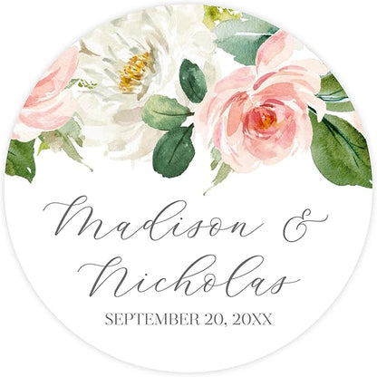Personalized Floral Wedding Stickers with Your Choice of 30 Flower Styles - Choose Font and One of Five Pre-made Phrases or Add Custom Text (016 - Pink and White Flowers)