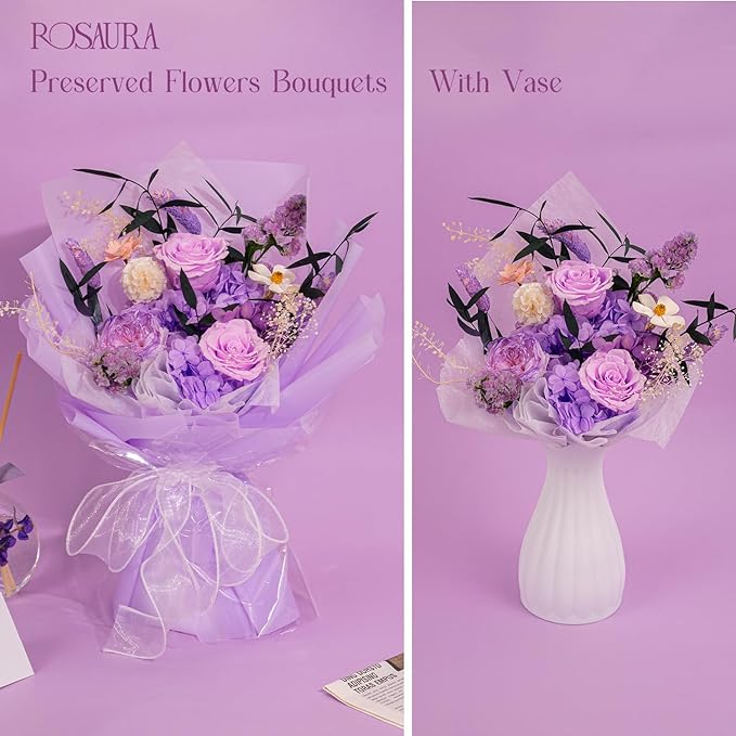 Rosaura Preserved Flowers Bouquets, Natural Real Roses for Delivery Prime, Forever Rose Bouquets Valentine's Day, Mother's Day, Christmas, Birthday Gifts-Light Purple (with vase)