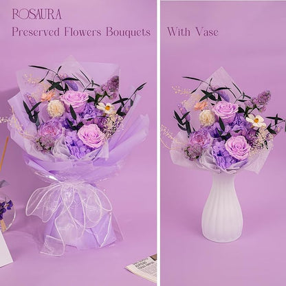 Rosaura Preserved Flowers Bouquets, Natural Real Roses for Delivery Prime, Forever Rose Bouquets Valentine's Day, Mother's Day, Christmas, Birthday Gifts-Light Purple (with vase)
