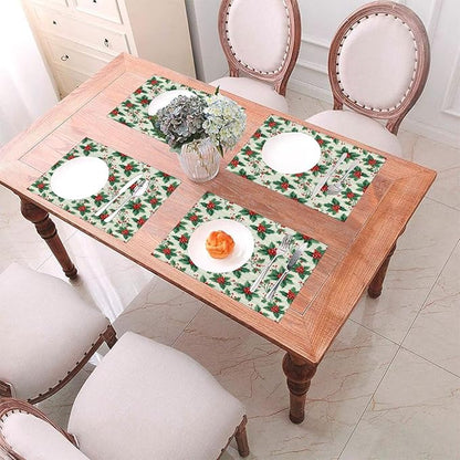PVC Placemats Set of 4 Wipeable Table Mats Washable Heat Resistant Non Slip Vinyl Dining Table Mat for Kitchen Indoor Outdoor Patio Farmhouse Place Mats Christmas Red Berry Decorative
