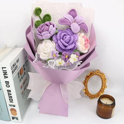 Crochet Flowers,Finished Bouquet Crocheted Cotton Thread Flowers, Handmade Crochet Rose Tulip Fern Leaf as a Gift for Lover, Friends. Artificial Flower (Purple)
