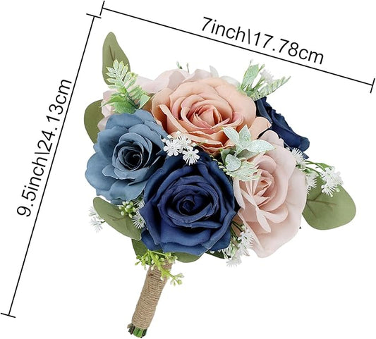 Set of 2 Bridesmaid Bouquets for Wedding - 7 Inch Artificial Flowers Bouquets for Ceremony Anniversary Centerpieces Decorations - Navy Blue and Dusty
