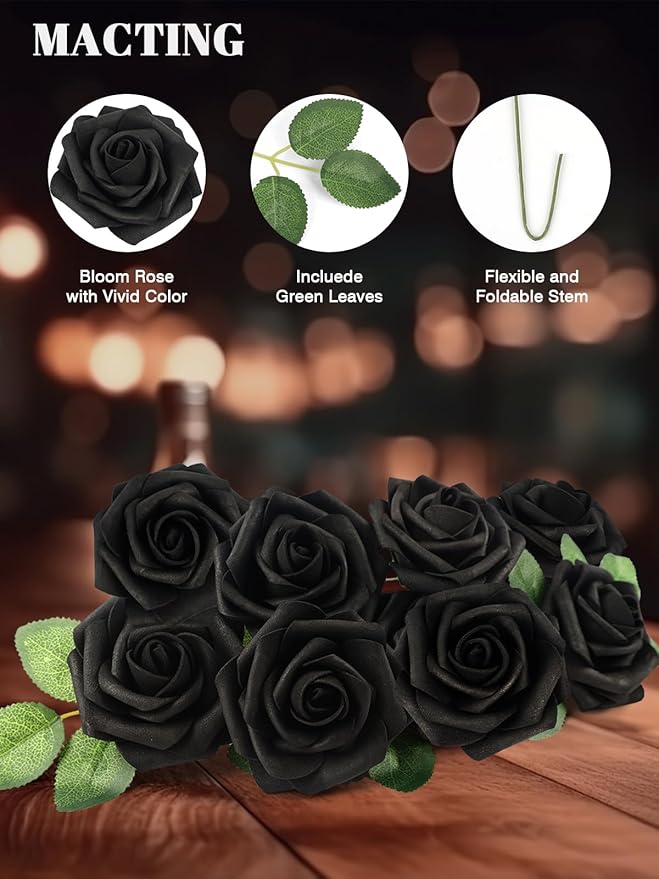 MACTING 60PCS Black Artificial Flowers Real Touch Fake Flowers with Stem Foam Roses for DIY Wedding Bouquets Table Centerpieces Bridal Shower Party Holiday Home Valentines Day Decorations