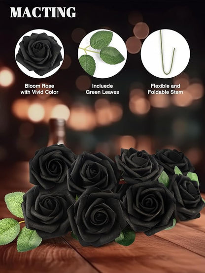 MACTING 60PCS Black Artificial Flowers Real Touch Fake Flowers with Stem Foam Roses for DIY Wedding Bouquets Table Centerpieces Bridal Shower Party Holiday Home Valentines Day Decorations