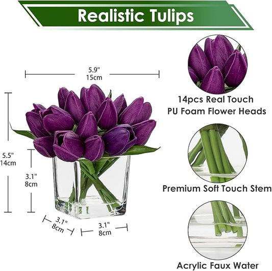 DILATATA Artificial Purple Tulips in Vase with Faux Water 5.5" Real Touch Flowers Fake Tulips Small Flowers Arrangement in Cube Glass Vase for Mother's Day Table Centerpiece Wedding Home Decor