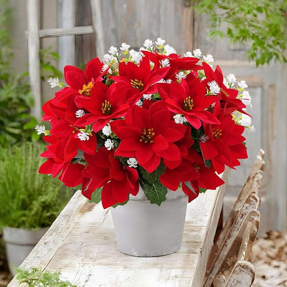 12 Bunches Poinsettias Artificial Christmas Flowers for Outdoors,14'' Fake Red Poinsettias Faux Eucalyptus Plants UV Resistant for Home Planters Garden Porch Christmas Winter Spring Décor