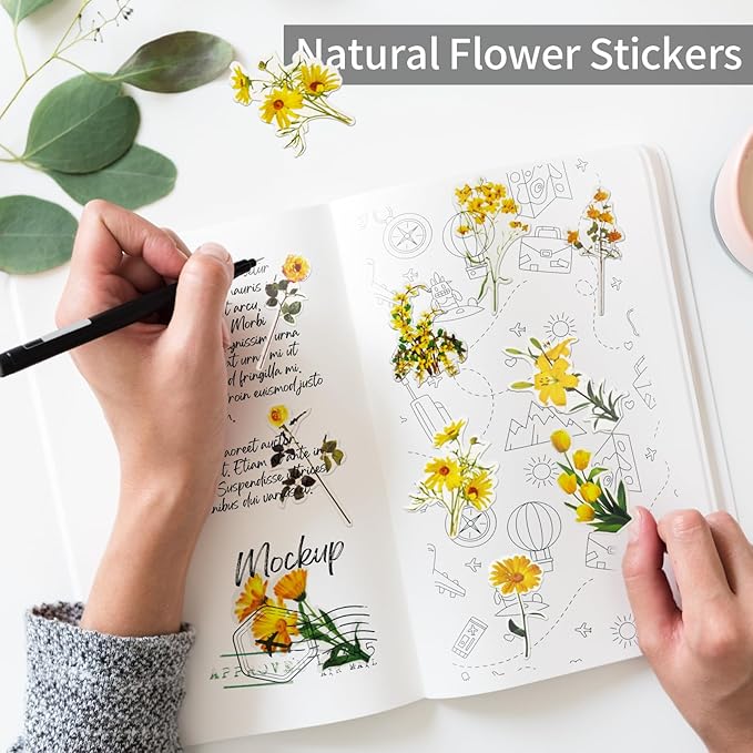 Natural Flower Stickers for Scrapbooking,PET Nature Plant Stickers Floral Stickers Vintage Craft Sticker,Colorful Small Flower Sticker for Journaling Scrapbooking Clear Flower Decal (Style F)