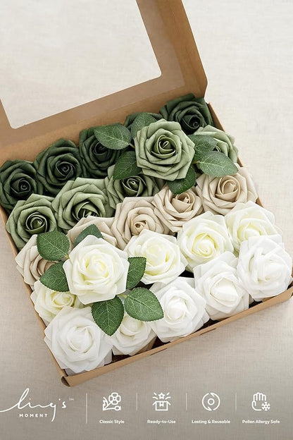 Ling's moment Artificial Flowers, 25Pcs 3" Roses in Sage Shades, Realistic DIY Foam Floral Decor for Wedding Bouquets/Centerpieces, Outdoor Party Backdrops, Room/Table, and Garden/Pot Decorations