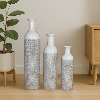 Leewadee Set of 3 Large Floor Vases – Decorative Tall Metal Vases in Grey White (28/22/17 inches) – Elegant Home Decor for Stylish Interiors