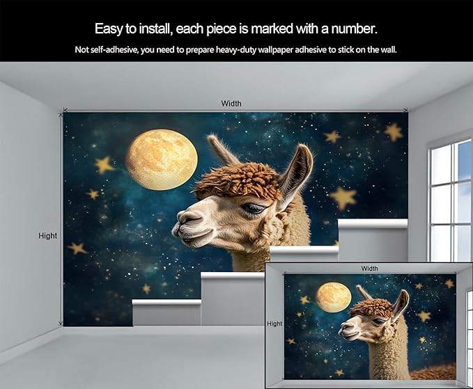 Starry Sky Alpaca Wall Mural, Dreamy Galaxy Moon Alpaca 3D Wall Murals, Cute Animal Wallpaper Mural, for Living Room Bedroom Large Wallpaper Indoor Decor 169.3" W x118.2 H
