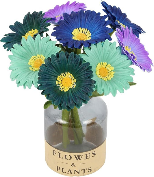 8 Pcs Multi Blue Flowers Small Artificial Gerbera Daisies 11.8” PU Faux Daisies for Table Centerpiece Arrangement Bathroom Kitchen Home Decor