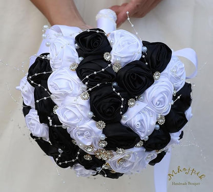 Bridal Wedding Bouquet Round Bling Brooch Bouquet Throw Toss Artificial Rose Flower Bunch for Bride Bridesmaid Wedding Quinceanera(White & Black, 6.3")