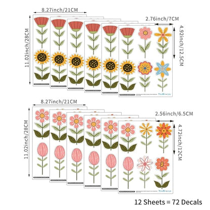 YouRfocus Boho Flower Wall Decals for Nursery & Kids Room – Set of 72 Floral Wall Stickers, Removable Peel and Stick Boho Home Decor, Pastel Wall Art (12 Sheets)