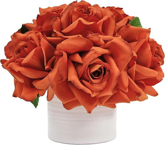 WELL KNOWN Artificial Flowers in Vase, Silk Rose Arrangement Mini Potted Realistic Fake Flowers with Ceramic Vase for Wedding Vanity Centerpiece Coffee Table Bathroom Anniversary Decor (Burnt Orange)