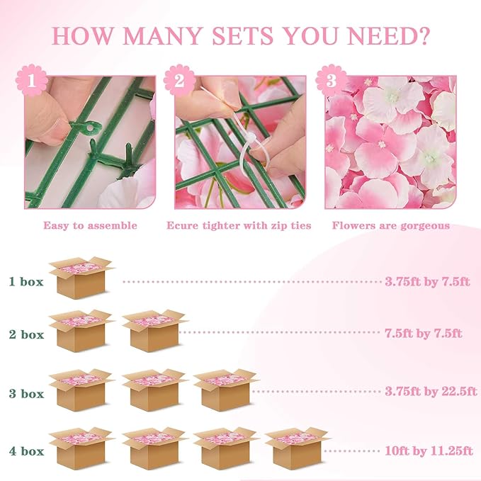 Pink Floral Wall Backdrop: 3D Silk Flower Panel 3.75ft x 7.5ft Artificial Hydrangea for Wedding Party Birthday Decoration (18 Pcs 15 x 15 Inch)
