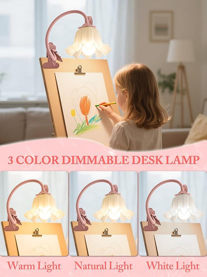 Flower Desk Lamp,LED Reading Light 360°Rotation Clip on Lamps,Vintage Flower Bedside Night Light,3 Colors Modes Book Lights Decor for Bedroom Bed Headboard Office Lighting Home Decoration (Pink)