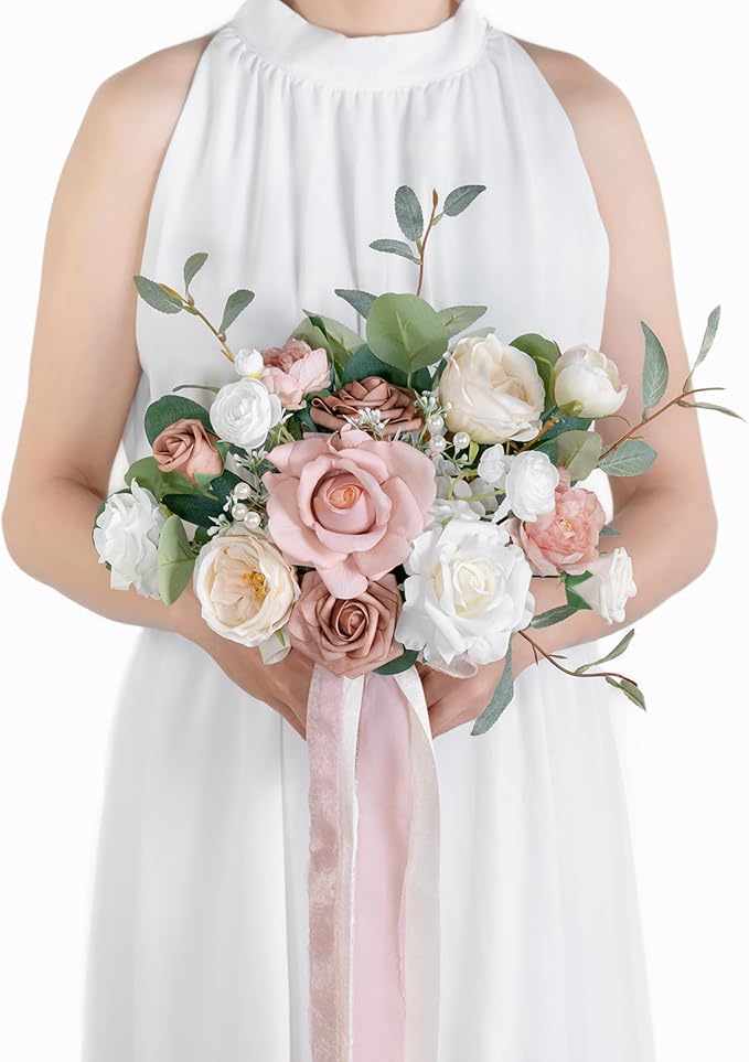 10 Inch Dusty Rose Bridal Bouquet,Wedding Bouquet,Bride Bouquets for Wedding Ceremony Anniversary, Party and French Rustic Vintage Wedding,Artificial Flowers…