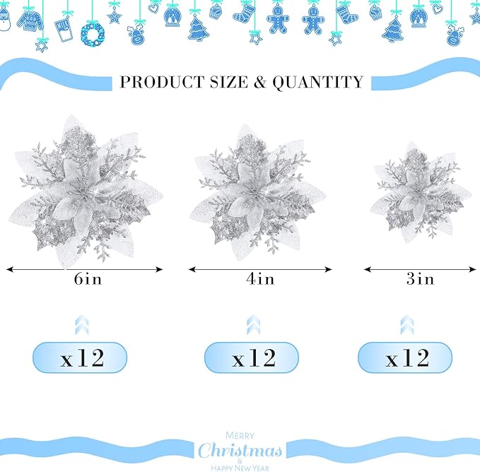 36 Pcs Christmas Glitter Artificial Poinsettia Flowers Xmas Poinsettia Artificial Wedding Flowers Decorations Xmas Tree Ornaments with Clips for Party, 6 Inch, 4 Inch, 3 Inch(Silver)