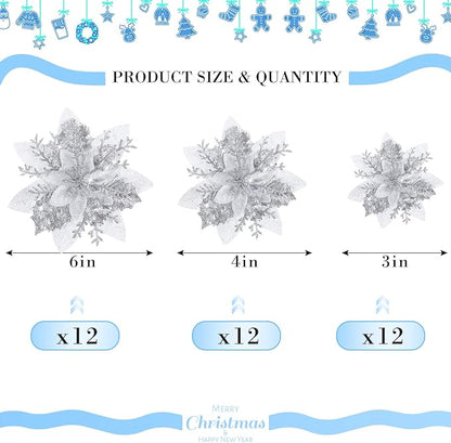 36 Pcs Christmas Glitter Artificial Poinsettia Flowers Xmas Poinsettia Artificial Wedding Flowers Decorations Xmas Tree Ornaments with Clips for Party, 6 Inch, 4 Inch, 3 Inch(Silver)