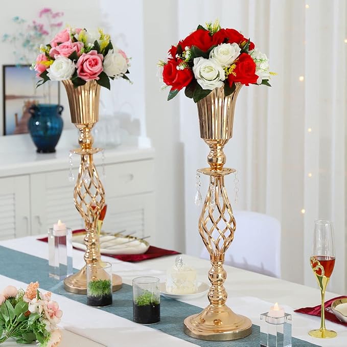 2 Pcs Elegant Metal Gold Floral Vase, Beaded Crystal Gold Trumpet Crown Vase, Perfect for Wedding Banquets, Birthdays, Anniversaries, Holiday Parties and Other Important Event Centerpieces(23.2")