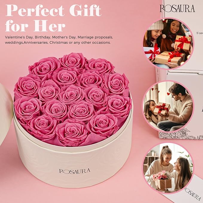 Rosaura Round Preserved Roses Gift Box - Real Forever Flowers for Birthday, Valentine's & Mother's Day (Pink, 17 Roses)