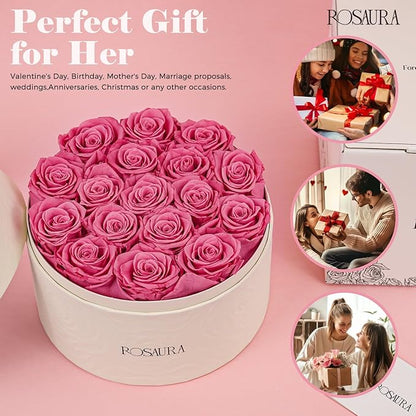Rosaura Round Preserved Roses Gift Box - Real Forever Flowers for Birthday, Valentine's & Mother's Day (Pink, 17 Roses)