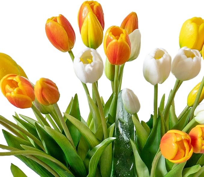40pcs Artificial Tulips Flowers, Real Touch Latex Bouquet, Fake Tulips for Office Wedding Party Home Kitchen Garden Decoration-B Orange Suit