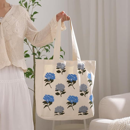 Aesthetic Embroidery Tote Bag for Lady Cute Reusable Canvas Shoulder Bag for Girls Women Shopping Grocery
