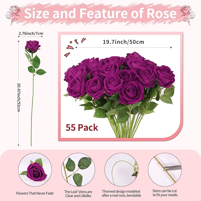 52 PCS Purple Roses Artificial Flowers, Fake Purple Roses, Purple Artificial Roses with Stems for Wedding Flowers Decoration, Valentines Roses, Wedding Decoration