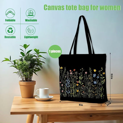 Decohim Floral Butterfly Canvas Tote Bag Boho Canvas Bag with Pocket for Work Office Women Girl Christmas Birthday Gifts