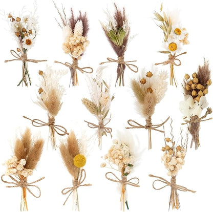 12 Pack Dried Flower Bouquet Mini Natural Pampas Grass for Crafts Small Dried Embossing Florat with Stem Boho Artificial Arrangement Wedding Derco Flowers Bundles for Vases, Wedding, Home, Party