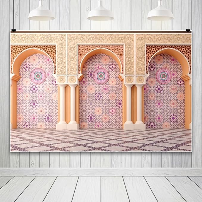 Yeele 7x5ft Bohemia Palace Backdrop Boho Style Pink Floral Wall Plaid Floor Dreamy Villa Inside Photography Background for Wedding Bridal Shower Girl Birthday Party Decor Portrait Photo Shoot Prop