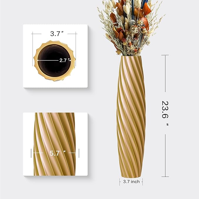 Tall Floor Vase, 23.6 inches Tall Vases Sturdy, Luxury, Textured for Decorative Branches Dried Flowers, Floor Vase for Rustic, Living Room, Shelf Decor (Gold)
