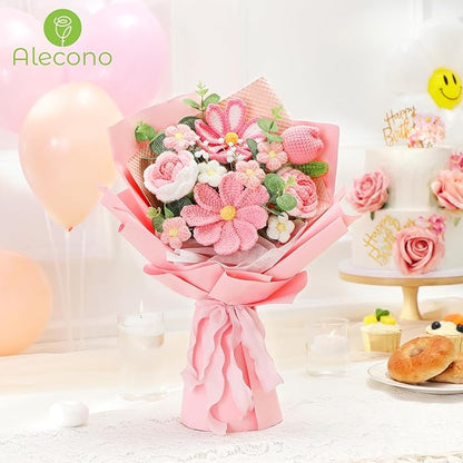 Alecono Crochet Flower Bouquet, Pink Knitted Flowers, Crochet Tulip Galsang Flower for Lover Anniversary Birthday Party Mother's Day Graduation Gifts (Include Card)
