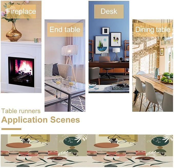 Mid Century Table Runner,Abstract Boho Plant Leaf Botanical Cat Modern Geometric Pattern Print Burlap for Hotel Indoors Outdoor Dining Room Kitchen Home Decor, 13x90in