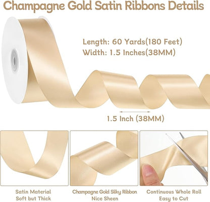 Champagne Gold Ribbon 1 1/2 Inch 60 Yards Wide Christmas Satin Ribbons Gold Bows for Gift Wrapping Flower Bouquet Birthday Christmas Decorations