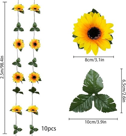 Uieke 10 Pack Artificial Sunflower Garland, 8.2ft/Pcs Silk Sunflowers with Green Leaves, Flowers Vines for Room Home Kitchen Garden Wedding Arch Bridal Baby Shower Party Outdoor Decor