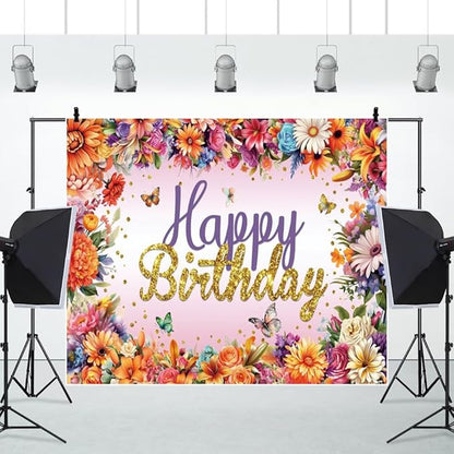 Colorful Flowers and Butterflies Birthday Backdrop, 10x8ft, Polyester Fabric, Deal for Photo Shoots, Celebrations, and Decor, Perfect for Birthday Party Decoration and Event Photography