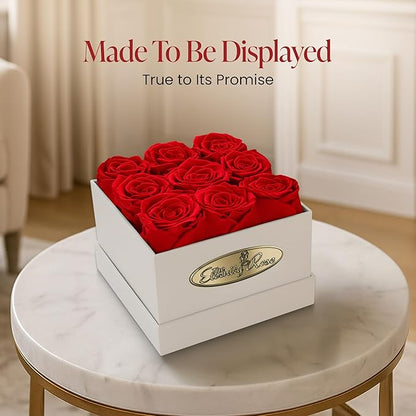 The Eternity Rose 9-Piece Preserved Roses in a Luxury Gift Box – Real Roses in Square White Box – A Valentine’s Gift as Everlasting as Your Love