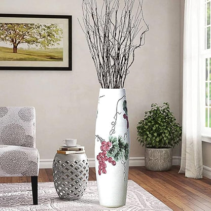 Tall White Floor Vase 32 inches, Thick Ceramic Rustic Vases Large for Home Decor Living Room, Painting Geen Grape Decorative Vases Wide Mouth Opening Corner Vase for Pampas Grass