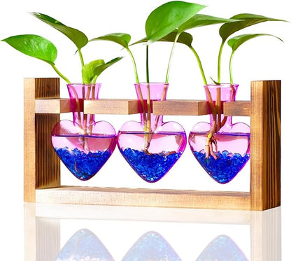 Nacome Plant Terrarium Propagation Stations: Christmas Gifts for Plant Lovers Women Mom Wife - Wooden Stand Tabletop Planter 3 Bulb Glass Vase Heart Shaped for Hydroponics Indoor Home Decor(Purple)