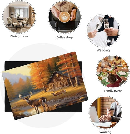 Rustic Deer Placemats, Natural Vintage Old Oil Painting Style Forest Lodge Hunting Elk Wildlife Print Washable Fabric Placemats Table Kitchen Dining Party 12x18 Inch Set of 6