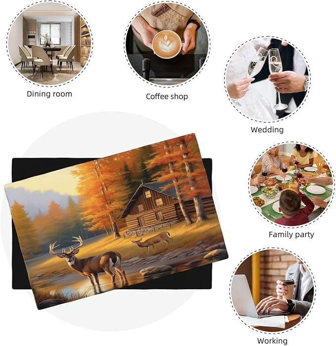 Rustic Deer Placemats, Natural Vintage Old Oil Painting Style Forest Lodge Hunting Elk Wildlife Print Washable Fabric Placemats Table Kitchen Dining Party 12x18 Inch Set of 4
