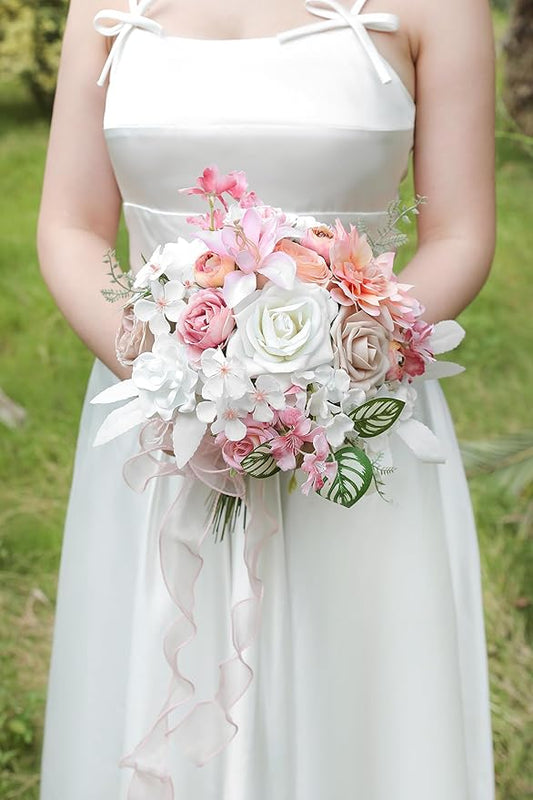 White Pink Artificial Flowers Silk Fake Roses Peonies Greenery Combo Box Set for DIY Wedding Bouquets Bridal Shower Centerpieces Floral Arrangements Party Tables Home Decoration
