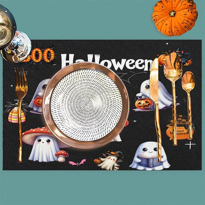 Halloween Ghosts Pumpkin Cute Placemats Set of 6 PVC Vinyl Non Slip Table Mats Heat Resistant Place Mats Washable Wipeable Dining Table Mat for Kitchen Decor Party Indoor Outdoor Decorative Gift