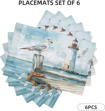 Lighthouse Seagull Placemats Set of 6 Washable Table Mats Ocean Nautical Coastal Heat-Resistant Cotton Linen Place Mats for Dining Table Kitchen Indoor Outdoor Party Holiday Decor